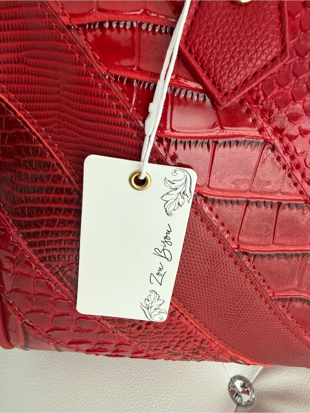 Designer-Inspired Red Patchwork Satchel | Includes Matching Wallet - Picture 6 of 15